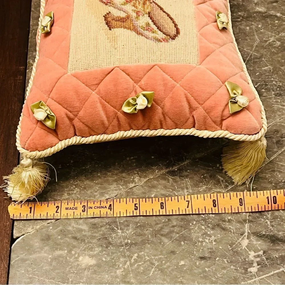 Vtg Handmade Embroidered Needle Point Tapestry Ruffle Tassel Rectangle Pillow